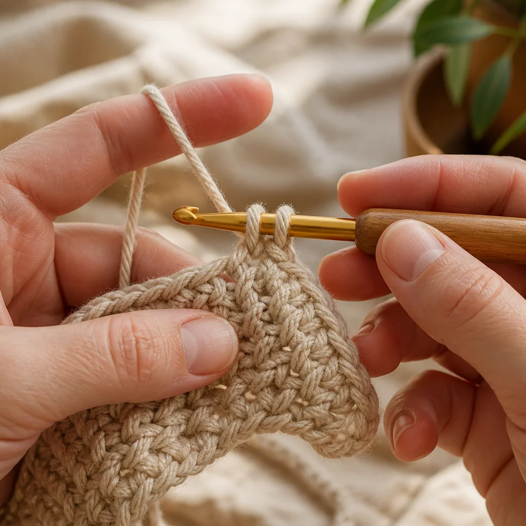 Close-up of hands holding a crochet hook with proper relaxed grip, demonstrating how to work under both loops of a stitch with natural lighting