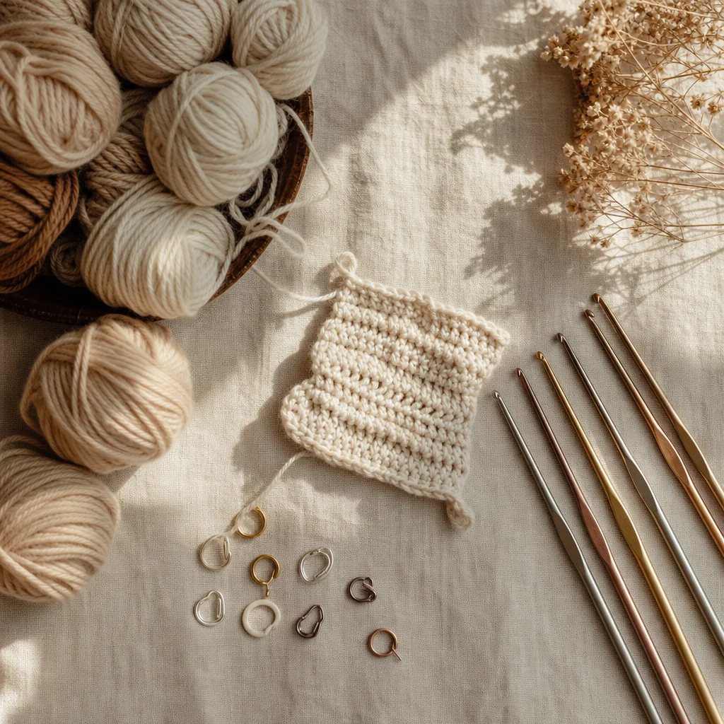 Overhead view of crochet supplies including yarn in natural tones, metal hooks, stitch markers, and an uneven practice swatch on linen fabric with warm sunlight
