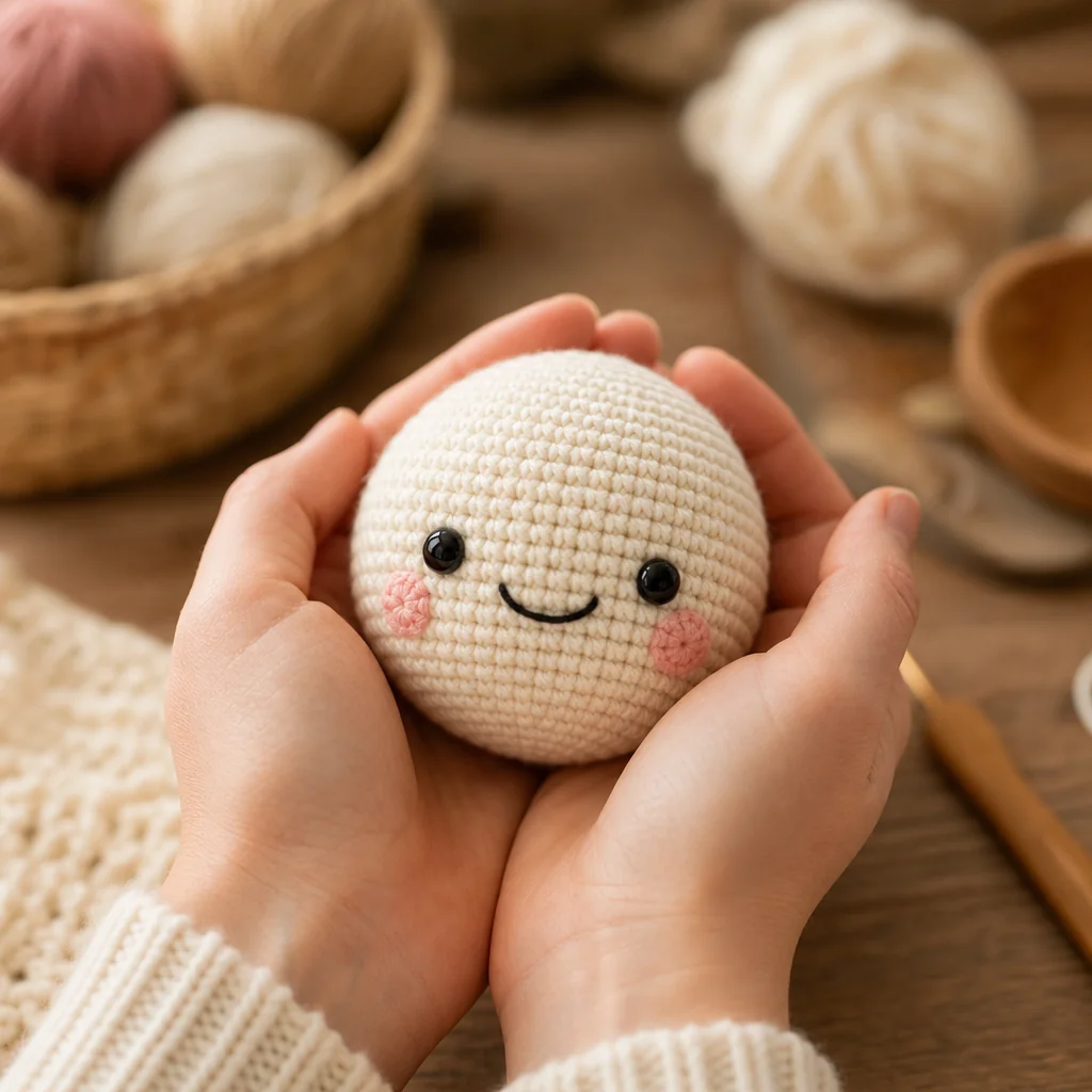 Close-up of hands crocheting a small round amigurumi shape starting from a magic circle