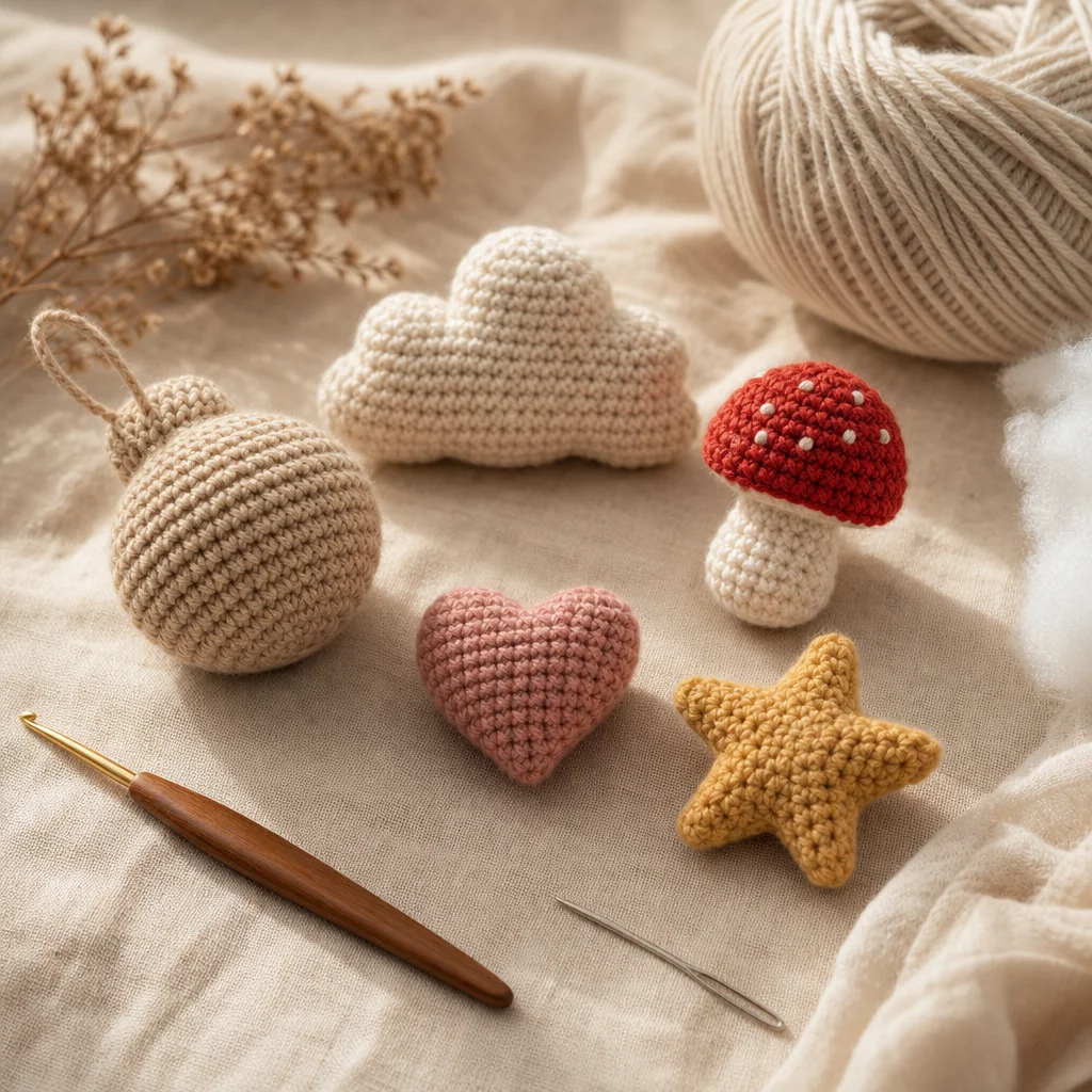 A flat-lay of five small finished amigurumi shapes in cream and rose yarn on a linen surface