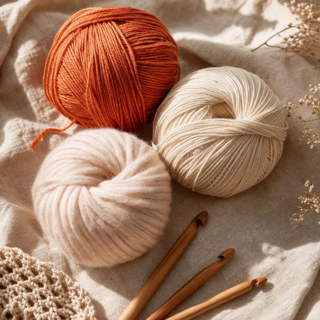 Three yarn balls representing acrylic, cotton, and wool fibers arranged on linen with wooden crochet hooks, shown in natural light