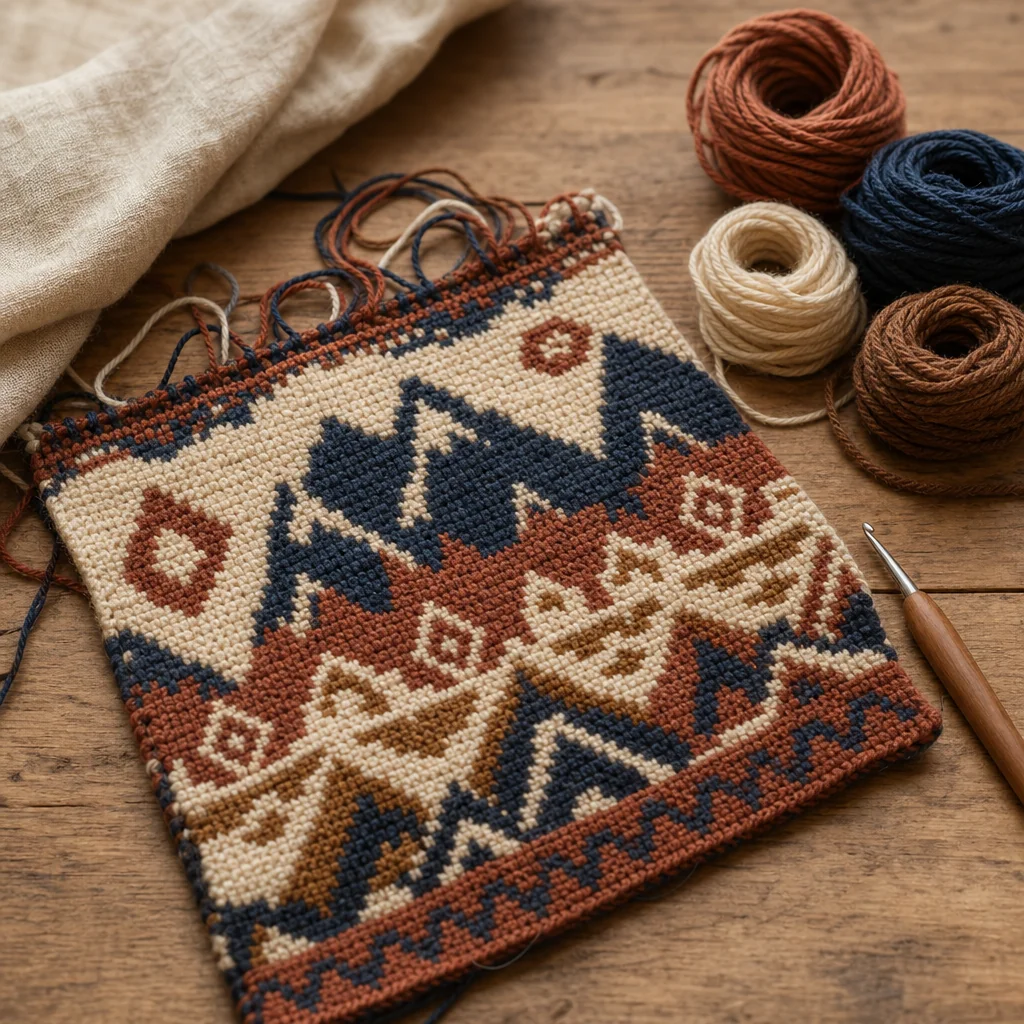 Hands holding densely crocheted Andean tapestry fabric with geometric step patterns in burgundy, yellow, and cream wool