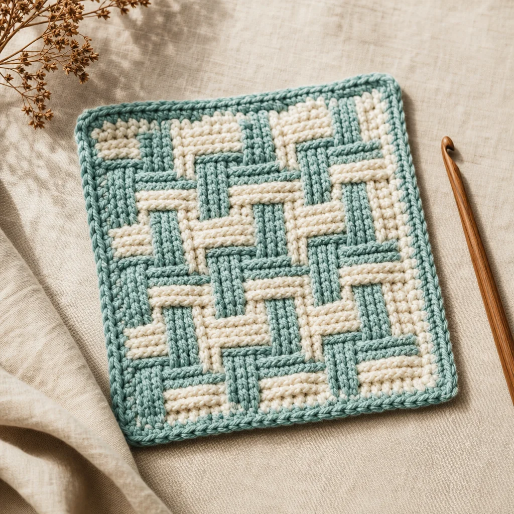 Overhead view of a completed Bavarian crochet square in teal and cream yarn showing raised basket-weave texture, with a wooden crochet hook on a linen surface