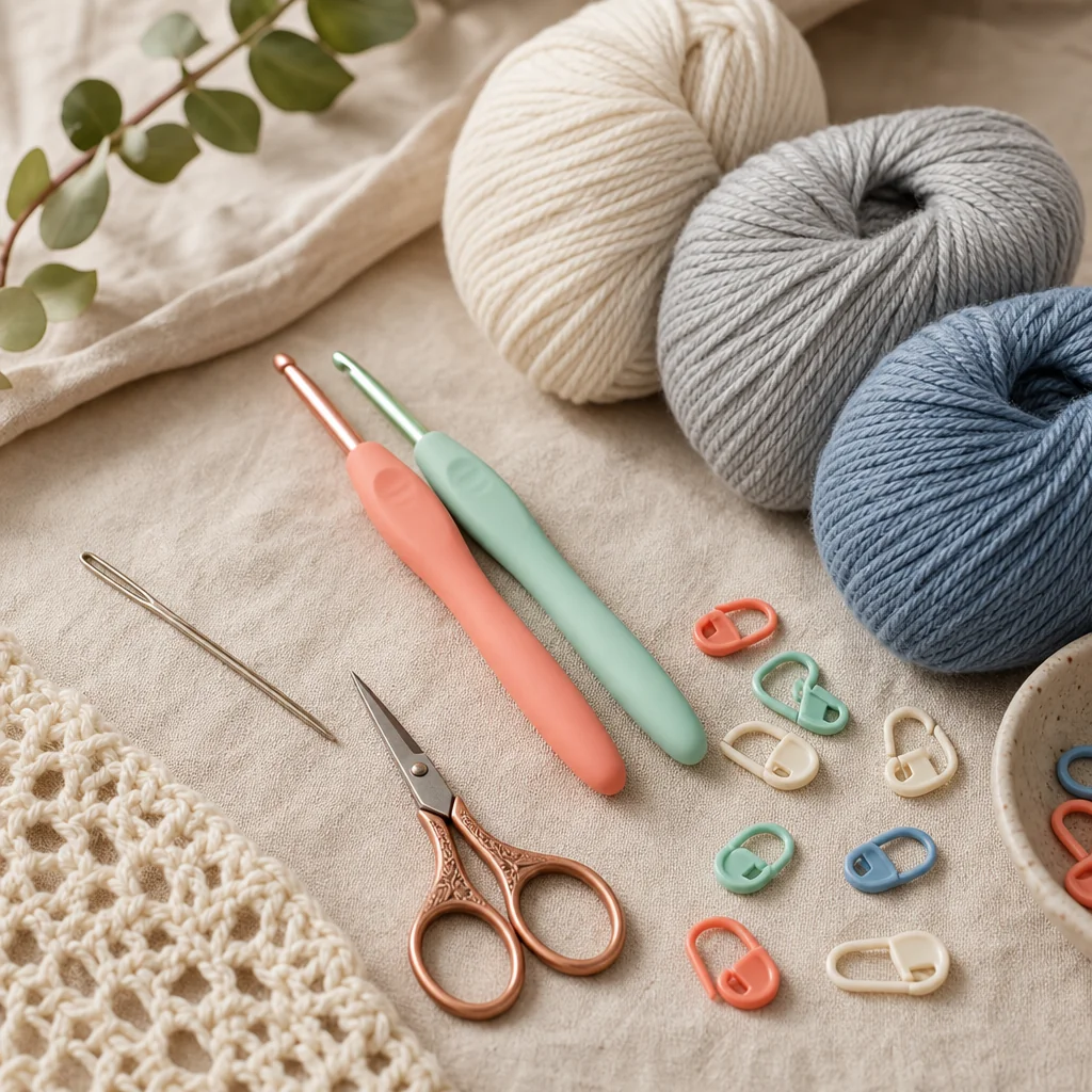 Beginner crochet starter kit supplies arranged on linen: ergonomic hooks, yarn skeins in neutral colors, scissors, yarn needle, and stitch markers
