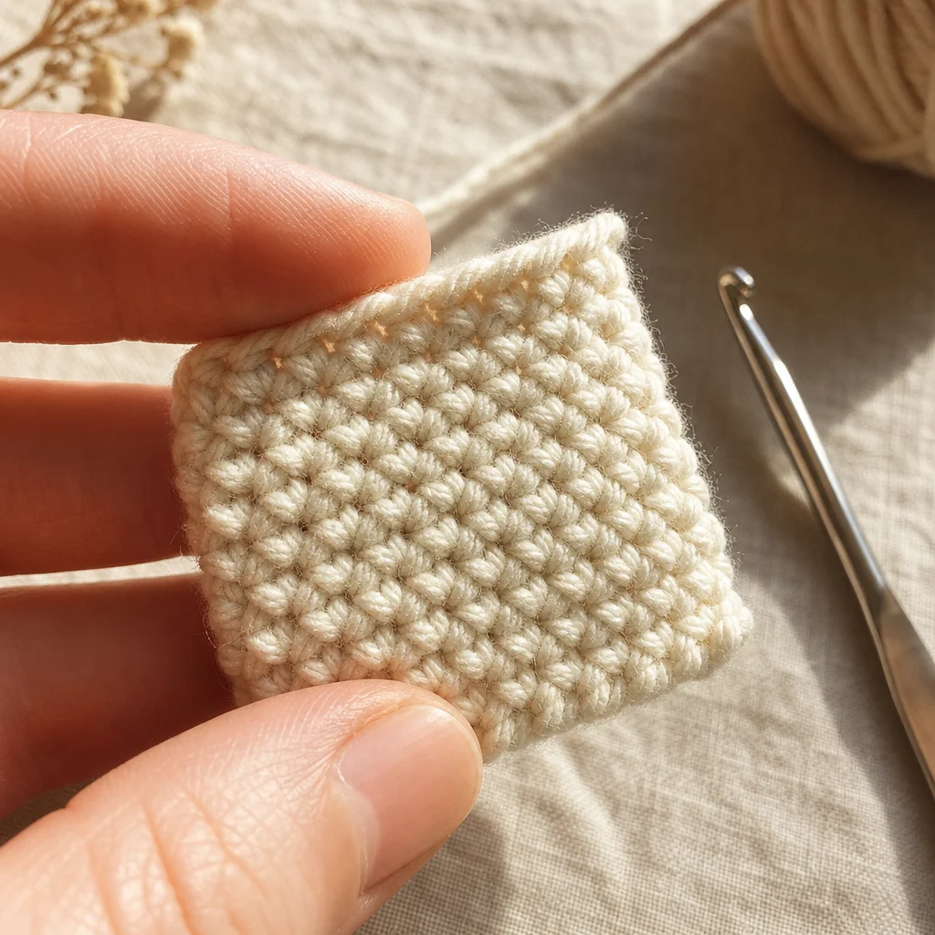 Des mains pressant doucement une petite boule d'amigurumi en cours, montrant des mailles serrées et denses sans espace visible, démontrant la bonne tension et le bon choix de fil