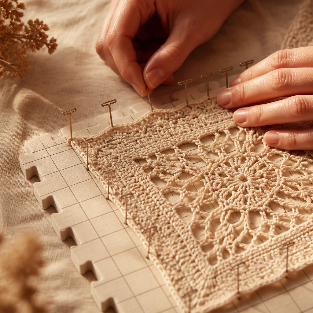 Des mains qui épinglent soigneusement une pièce de crochet bloquée sur une grille de tapis de mousse emboîtable, montrant la tension égale et le placement des bords.