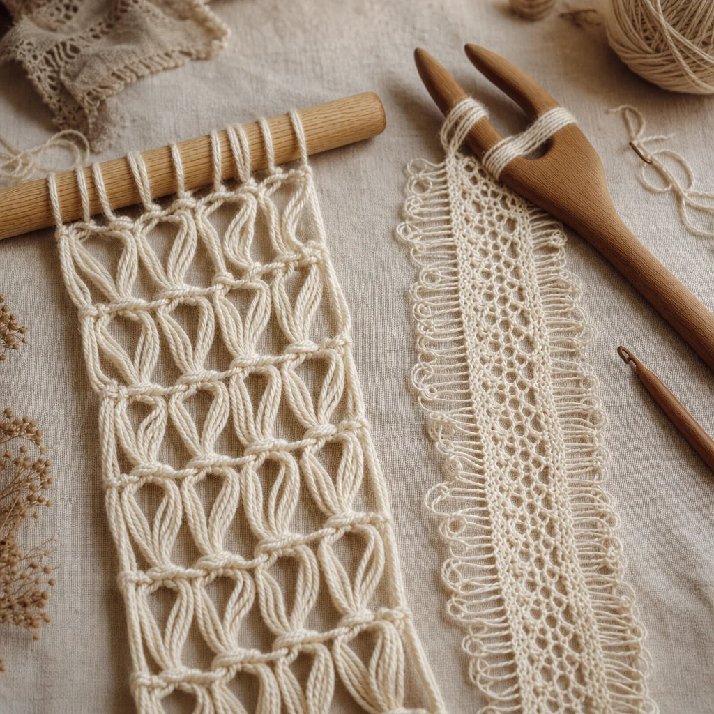Flat lay comparison of a cream broomstick lace swatch and a sage green hairpin lace strip displayed side by side on linen, with a wooden dowel and metal hairpin loom nearby.