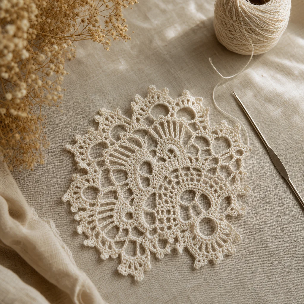 Overhead view of a partially finished Bruges lace doily in ecru thread with a steel crochet hook on a linen surface