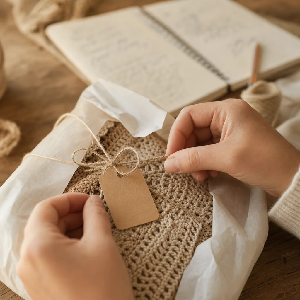Close-up of hands tying a small kraft tag onto a finished crochet item wrapped for shipping, warm natural light