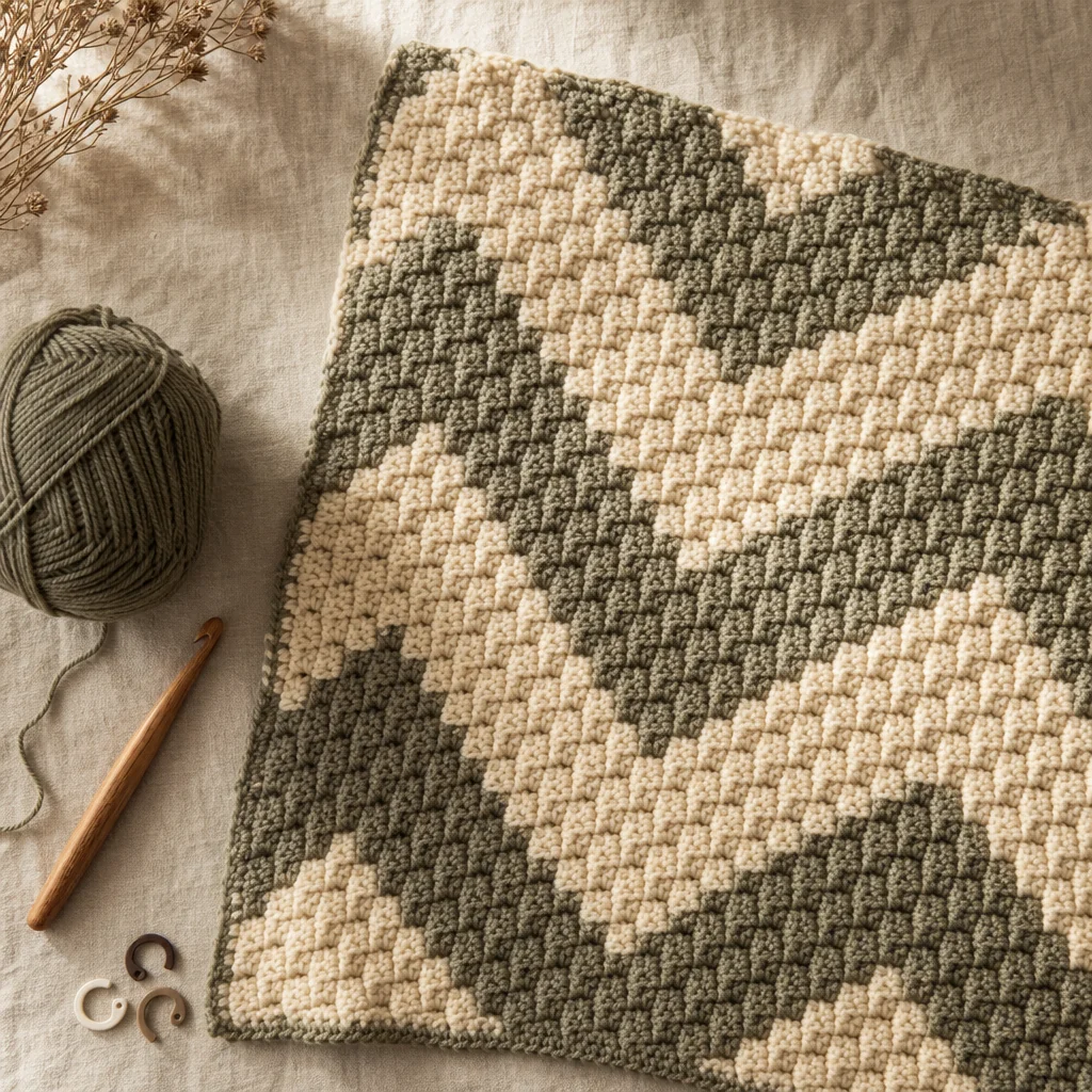 Close-up of hands crocheting a corner-to-corner block with a chain-2 space and three double crochets