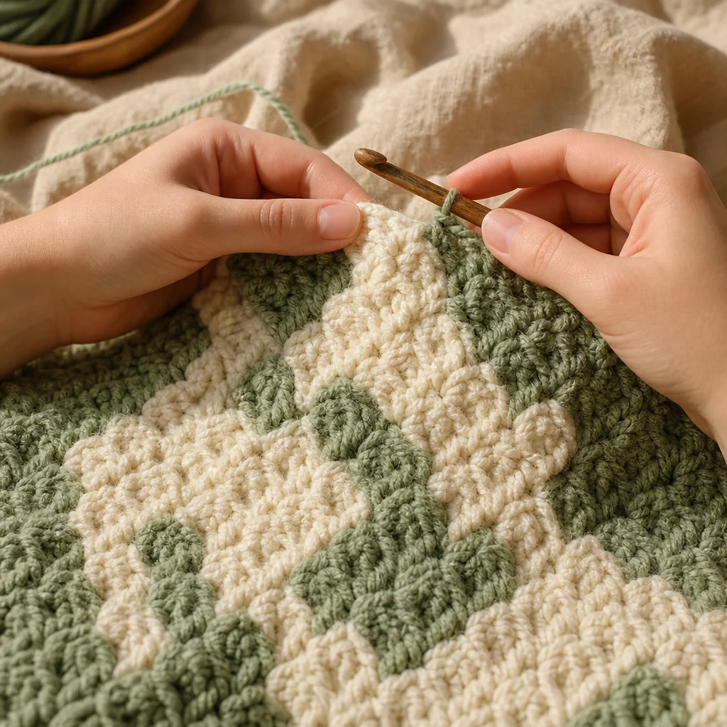 A corner-to-corner crochet blanket in progress on a linen armchair, showing the diagonal pixel-block texture