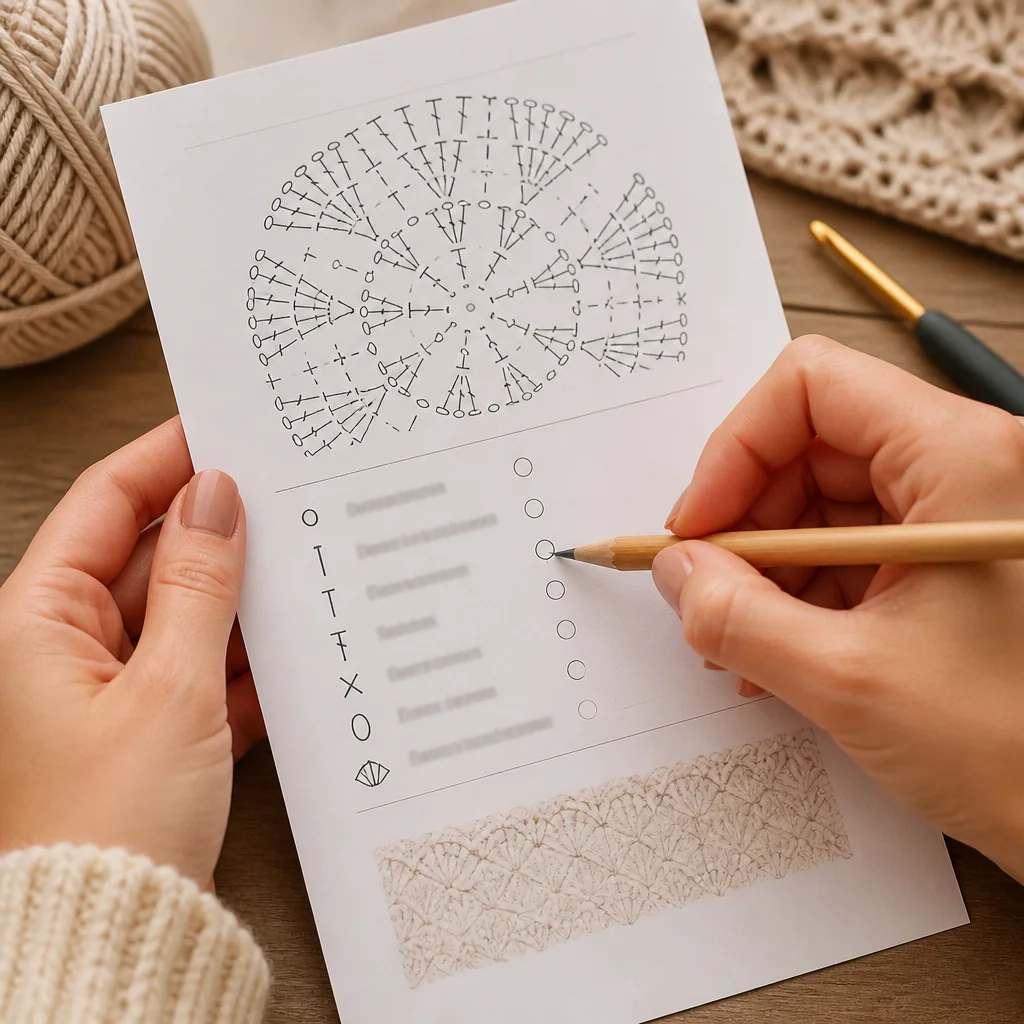Hands holding a printed crochet pattern and marking an abbreviation with a pencil, with yarn and crochet tools nearby in the background.