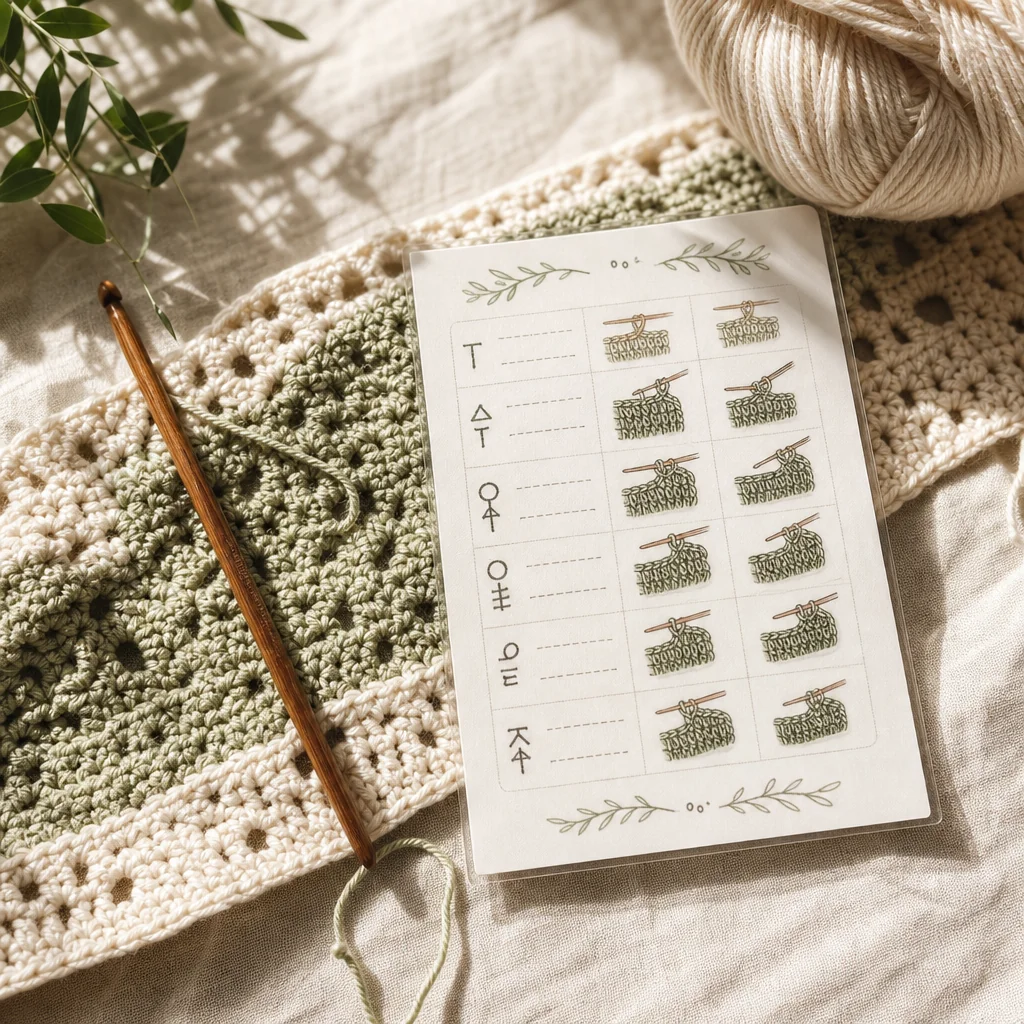 A laminated crochet abbreviations cheat sheet placed over a cream and sage colored crochet project in progress, with a wooden crochet hook and yarn, photographed in natural light.