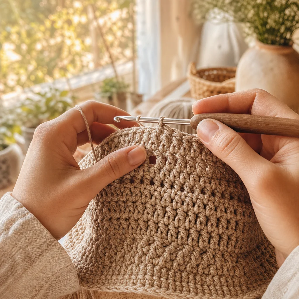 Close-up of hands crocheting the sides of a cream-colored bucket hat showing stitch detail and hook placement