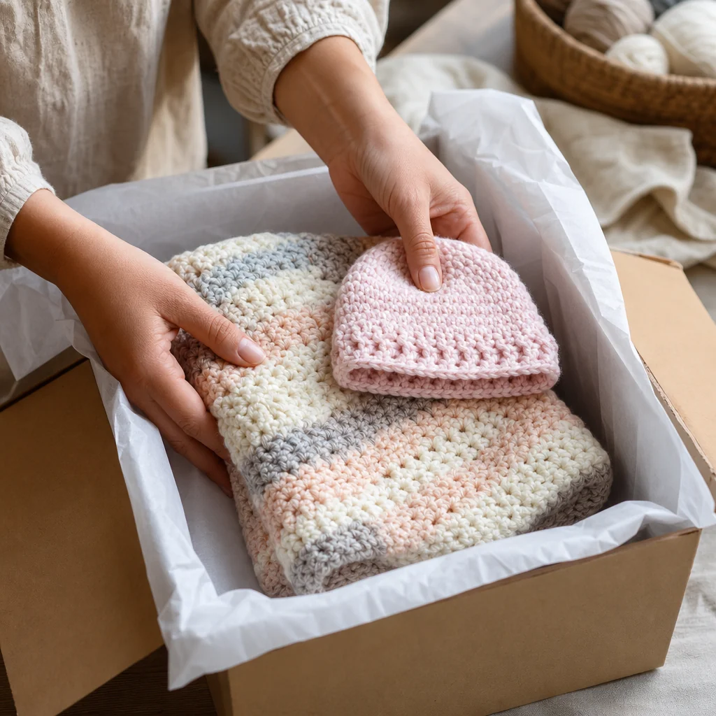 Hands placing a folded crochet blanket and a preemie hat into an open donation box lined with tissue paper