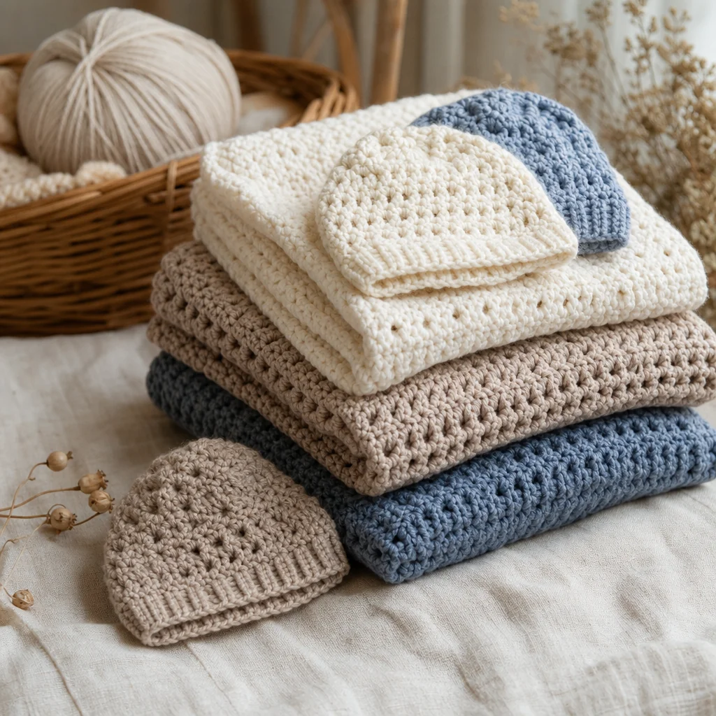 A neat stack of handmade crochet blankets and small caps folded on a linen tablecloth in warm natural light