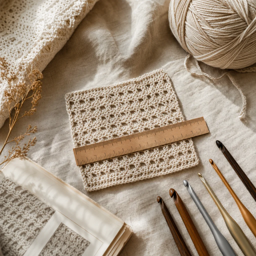 Gauge swatch being measured with a ruler on linen fabric, surrounded by crochet hooks in various sizes and balls of yarn.