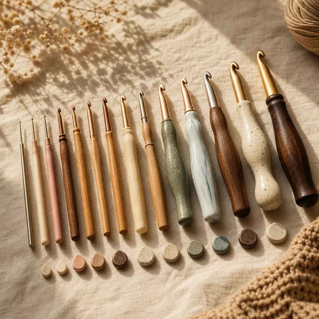 Crochet hooks of various sizes arranged from small to large on cream linen, displaying metric, US, and UK sizing labels