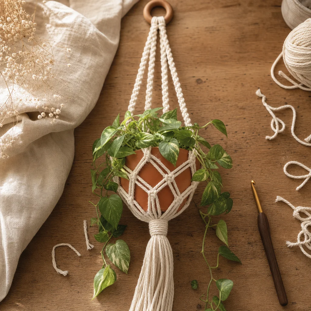 A handmade crochet plant hanger in natural cotton cord holding a trailing pothos plant near a sunlit window