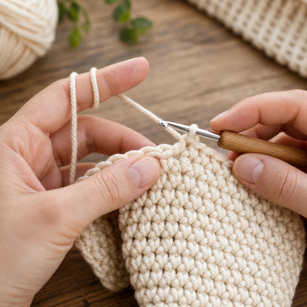 Overhead view of hands blocking a cream crochet placemat on a foam mat with rust-proof pins placed along edges and measuring tape nearby
