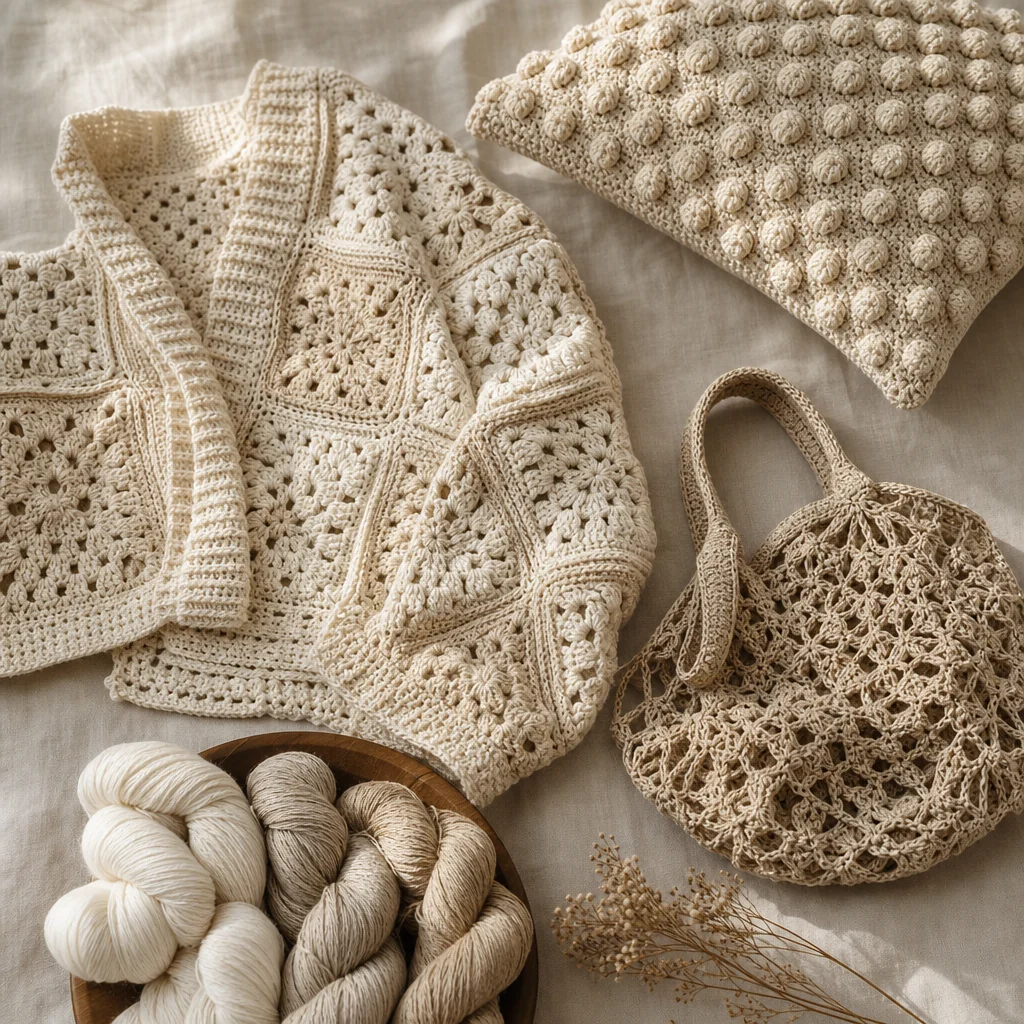 Flat lay of crochet granny square pieces, a textured pillow, and natural fiber yarn skeins styled on linen