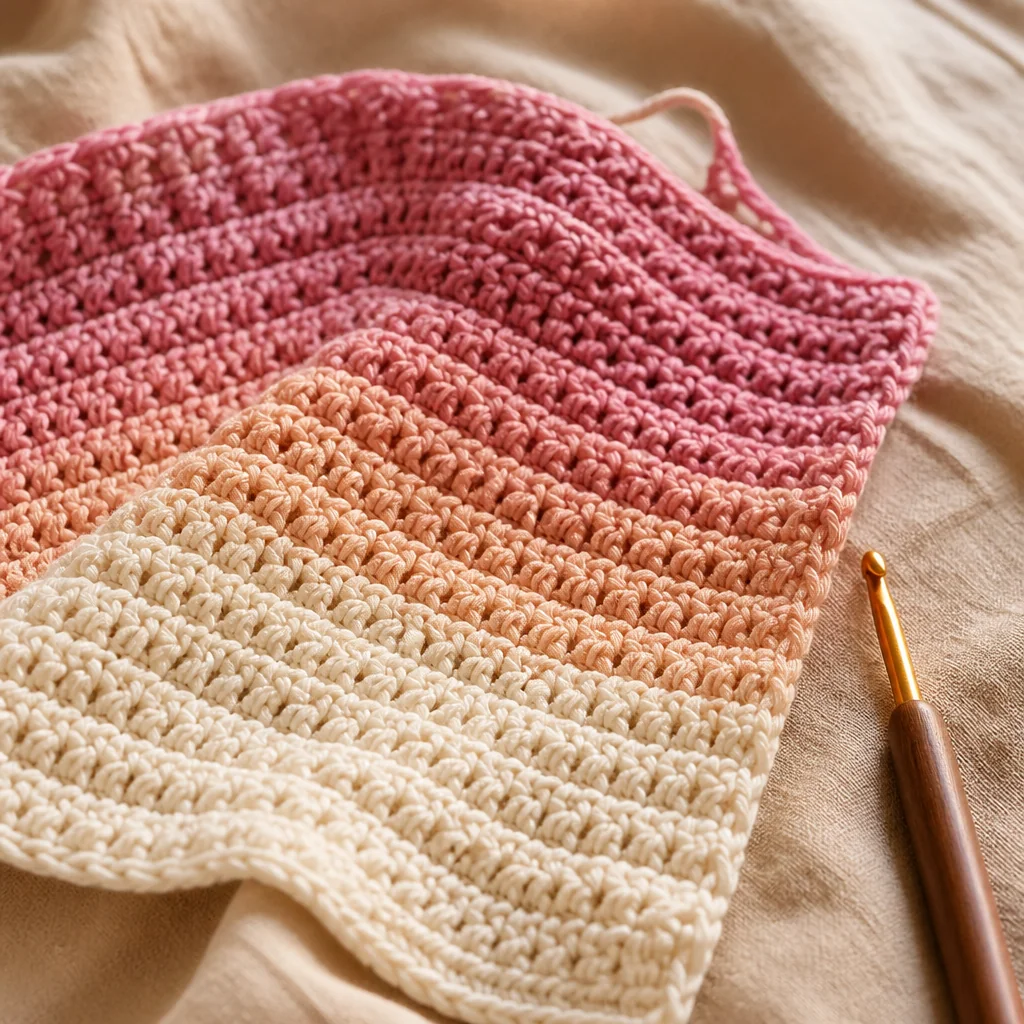 Completed crochet work showing visible stitch definition and progress, draped on linen with a hook nearby in natural window light.