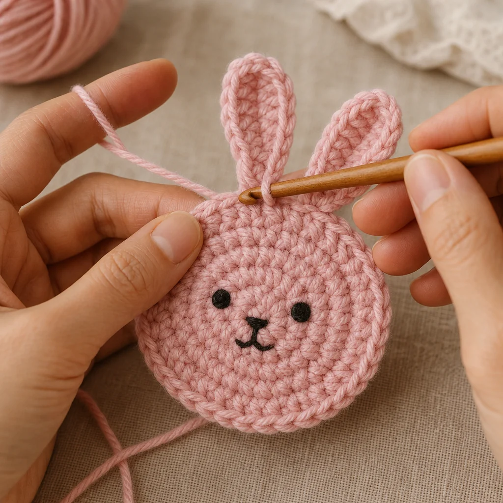 Close-up of hands crocheting a small round bunny coaster in pink cotton yarn using a magic ring start