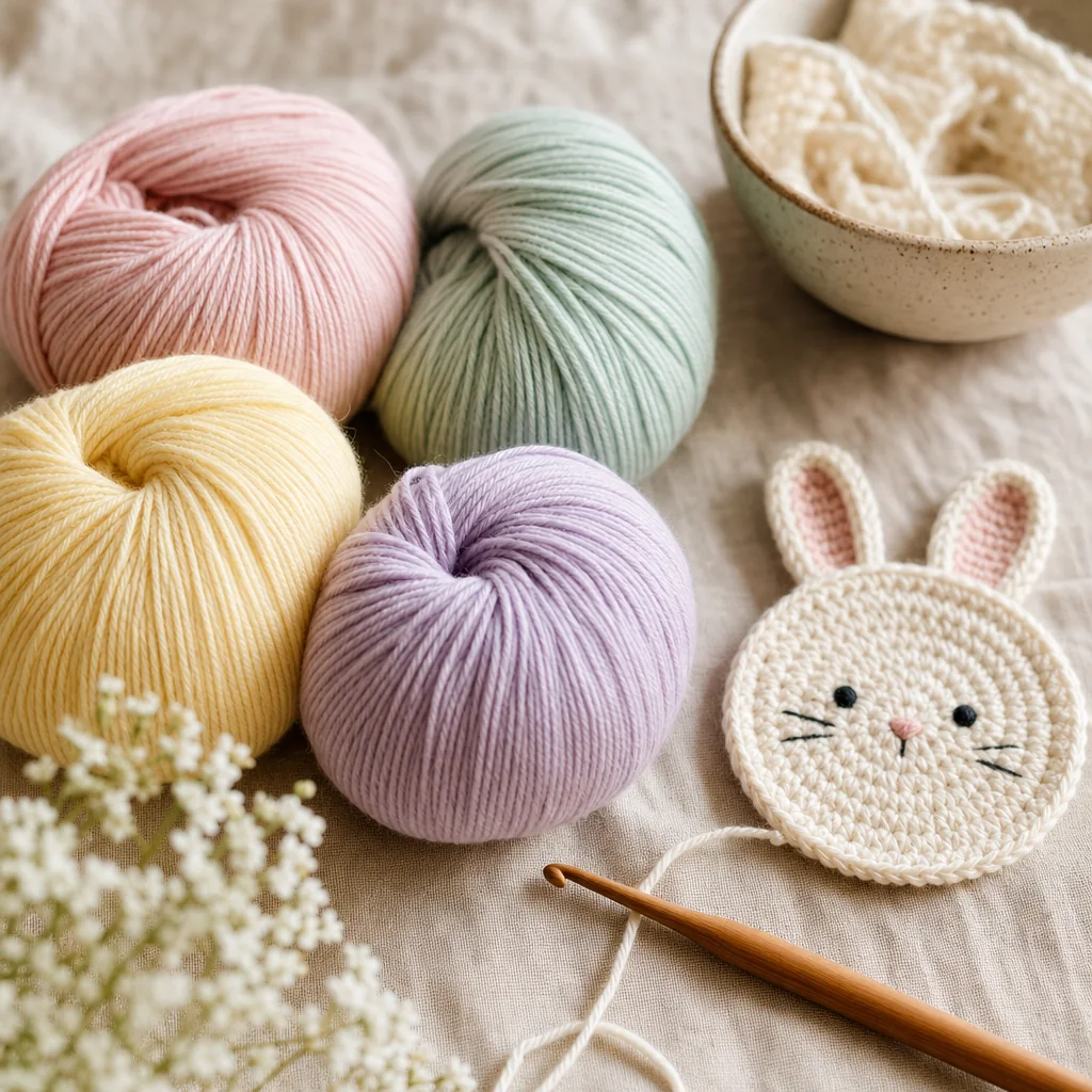 Pastel yarn skeins, a wooden crochet hook, and a small bunny coaster arranged on linen for a spring crochet project