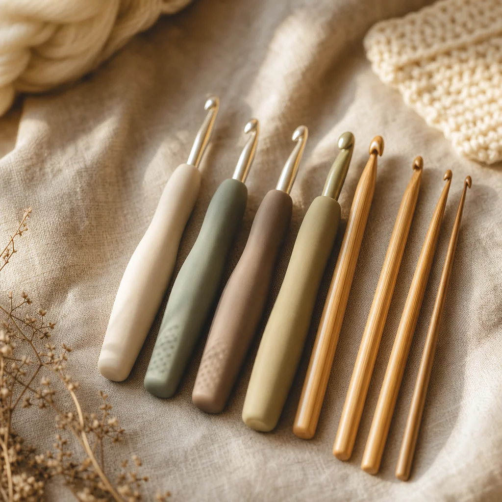 Flat lay of various crochet hooks on linen, showing ergonomic padded handles and standard wooden hooks with warm natural lighting