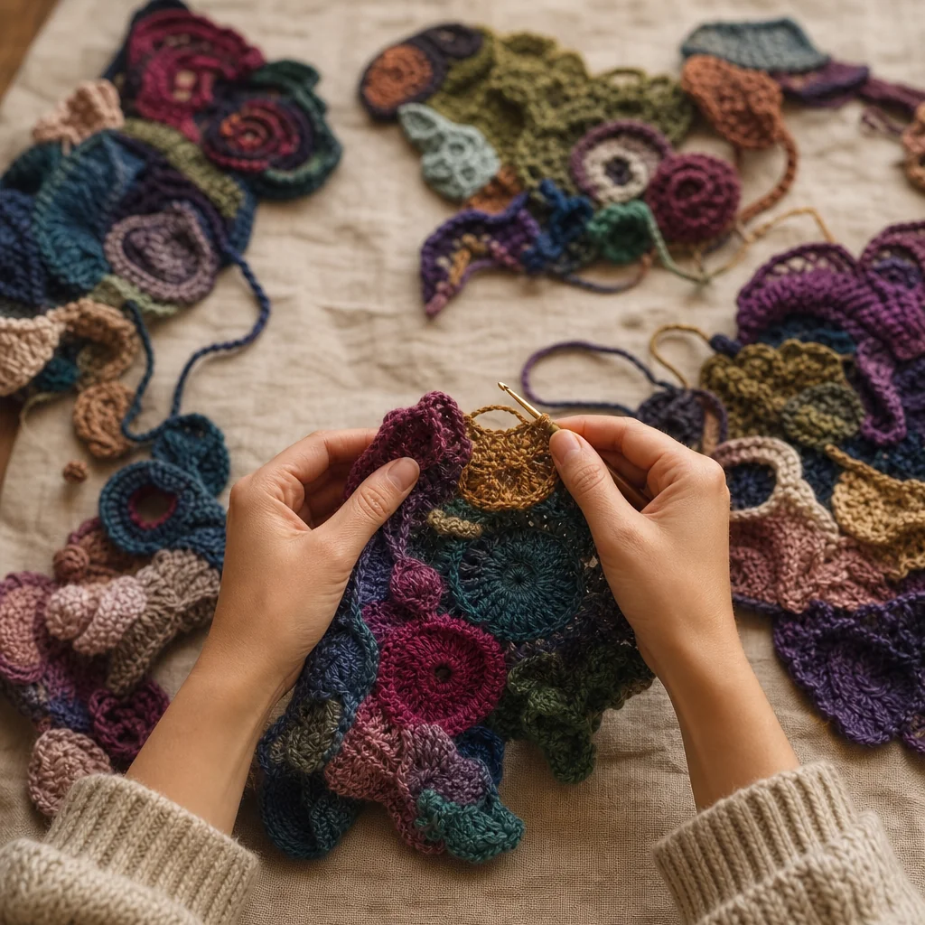 Gros plan de mains tenant un scrumble de crochet freeform texturé montrant des popcorns et des nopes avec des balles de fil en arrière-plan