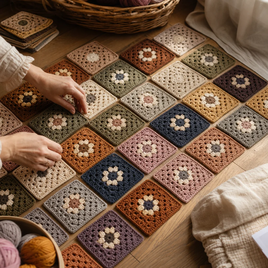 Close-up of granny squares arranged in a diagonal color gradient from rust to cream with a crochet hook resting nearby