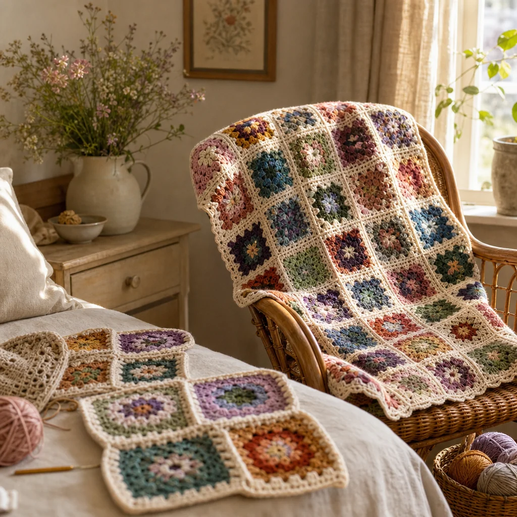 Granny squares in warm terracotta and cream tones laid out on a linen floor in a grid arrangement before joining