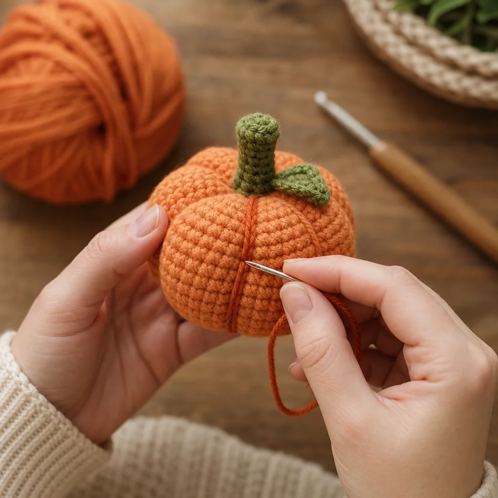 Close-up of hands crocheting a small white teardrop-shaped ghost amigurumi with black yarn and a needle nearby