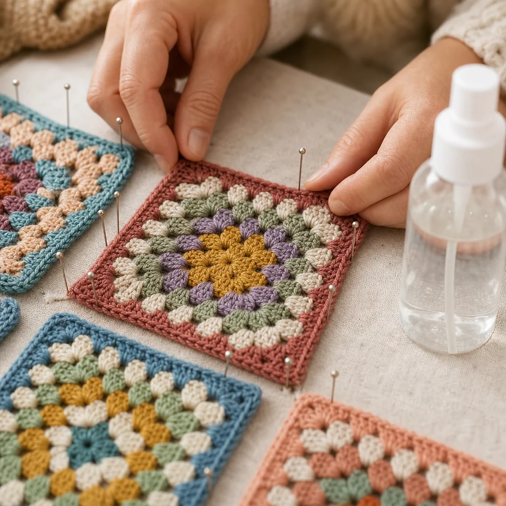 Close-up of hands pressing a damp crochet blanket with visible water droplets on cream yarn, secured to a blocking mat with rust-proof pins