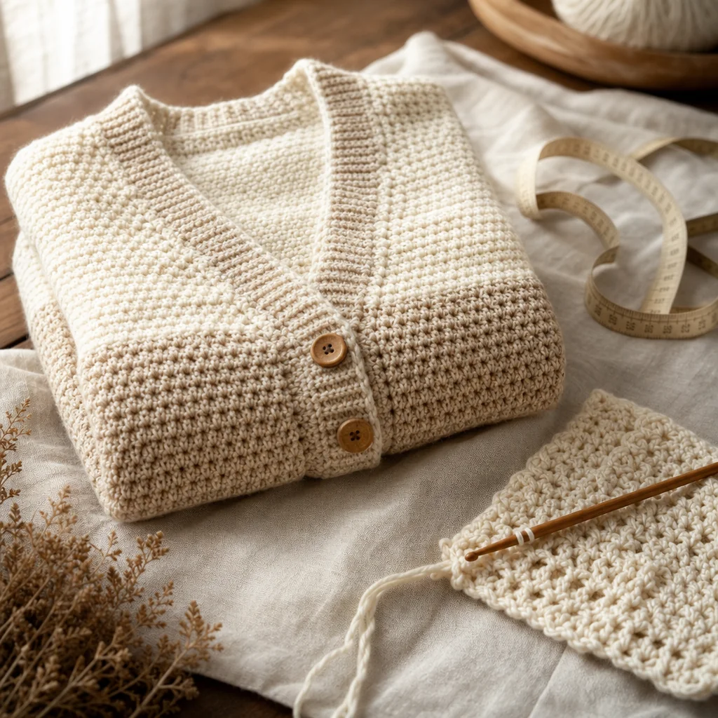 Cream colored crochet cardigan draped on dress form with measuring tape, showing elegant drape and stitch detail