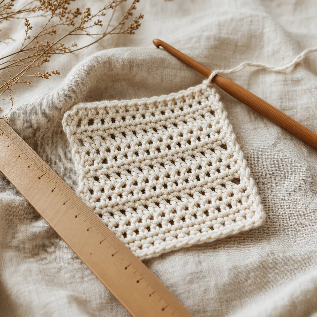 A crocheted gauge swatch lying on linen fabric next to a wooden hook and a ruler