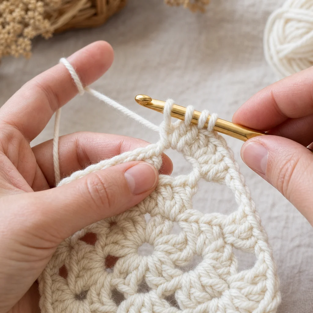 Hands crocheting the corner of a granny square showing chain space and double crochet stitches