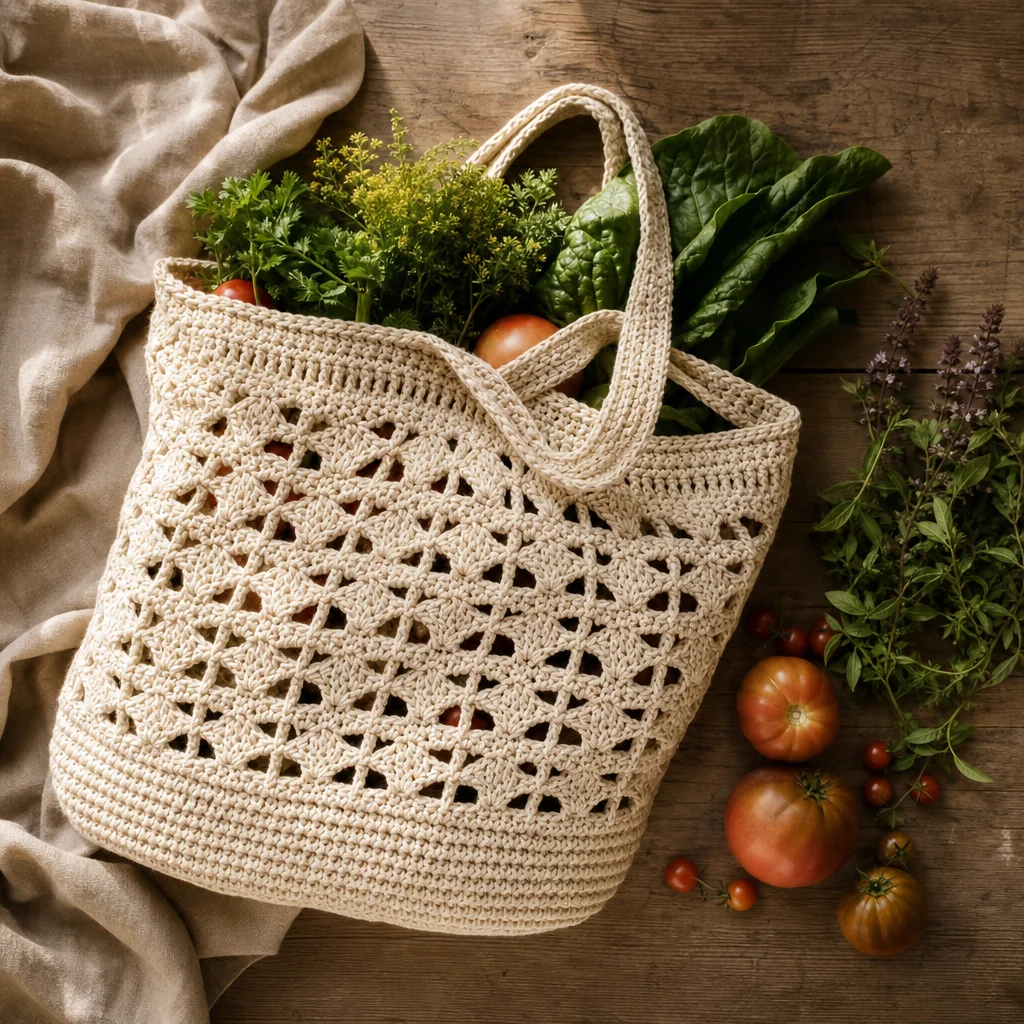 A handmade crocheted cotton market bag filled with fresh vegetables on a sunlit wooden table