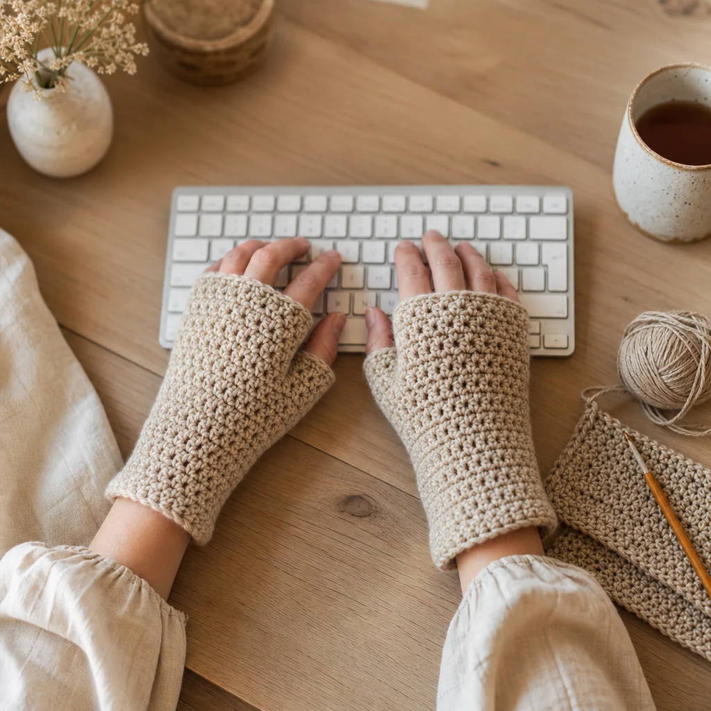 Gros plan sur des mains portant un gant sans doigts crocheté pendant le travail du gousset de pouce du deuxième gant