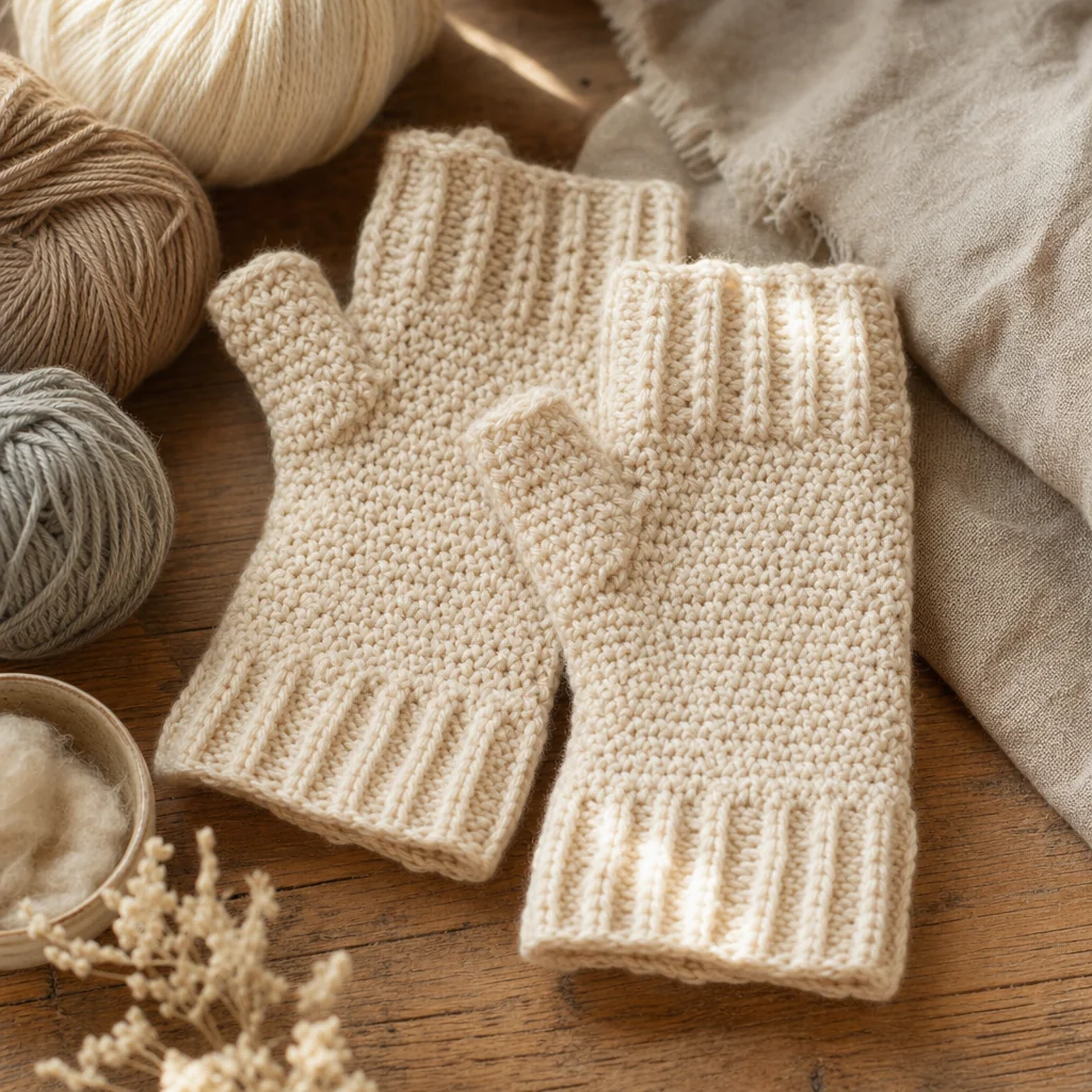 A pair of crocheted fingerless gloves in heathered rose wool displayed on a linen surface with a wooden hook and yarn ball