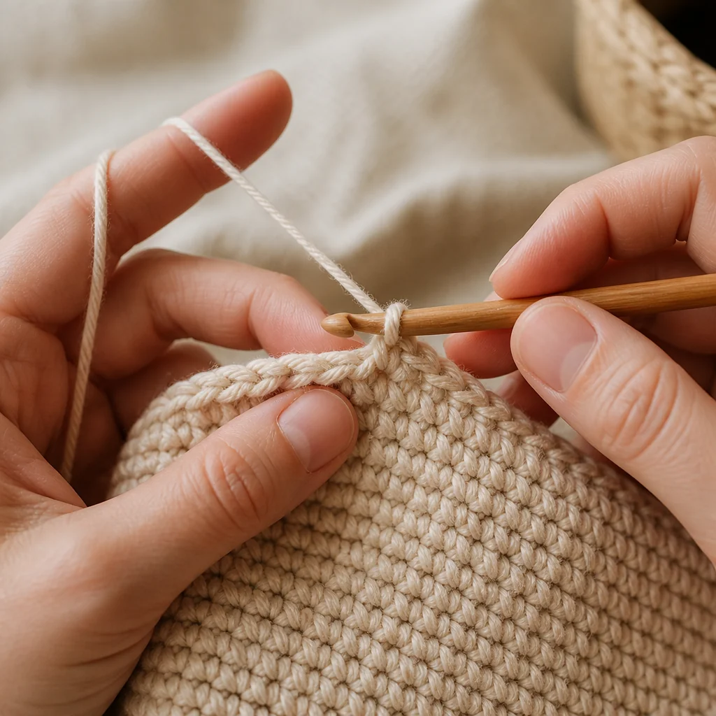 A close-up of hands working a single crochet stitch, with the hook held like a pencil and yarn tensioned through the fingers, showing rows of completed stitches below.