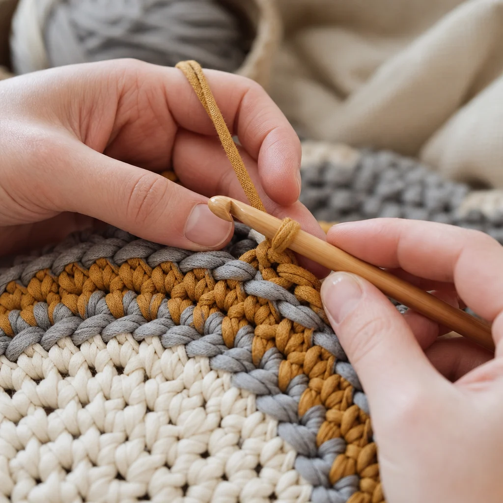 Close-up of hands crocheting with thick t-shirt yarn and large wooden hook working on the center of a round rug