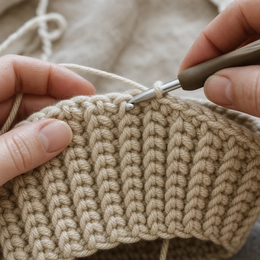 Gros plan de mains en train de crocheter la couronne d'un bonnet en mailles demi-serrées avec un crochet de 5,5 mm et de la laine crème