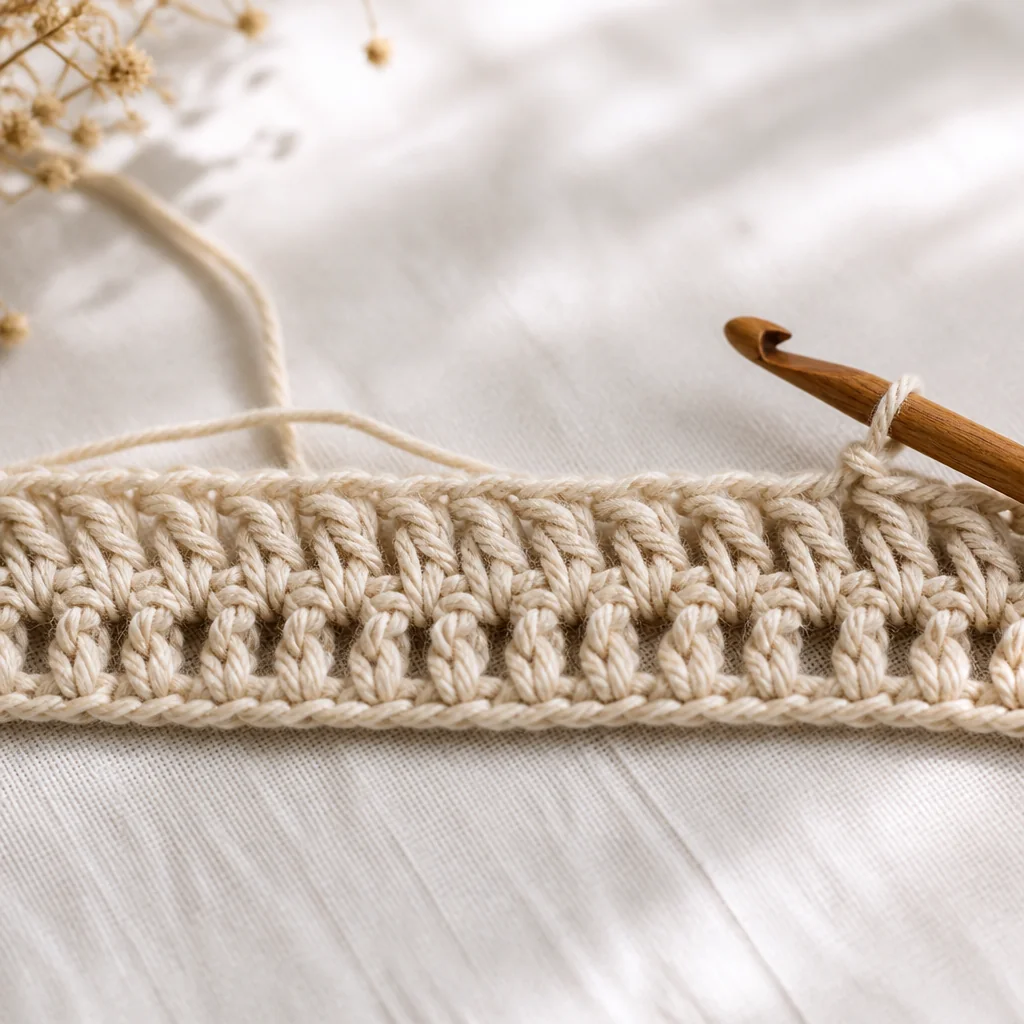 Completed row of double crochet stitches in beige yarn showing tall V-shaped stitch tops with a wooden crochet hook at the edge