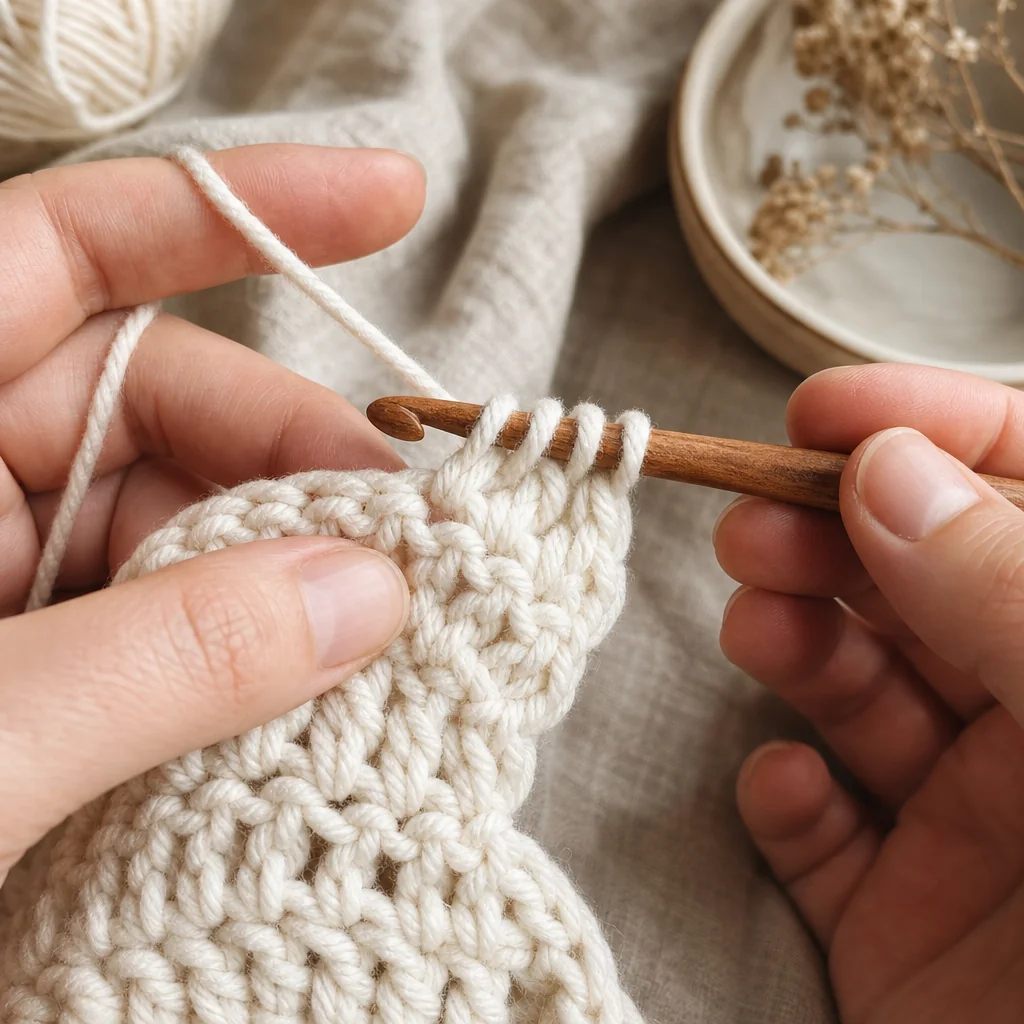 Close-up of hands crocheting with cream yarn, showing three loops on a wooden hook during a double crochet stitch