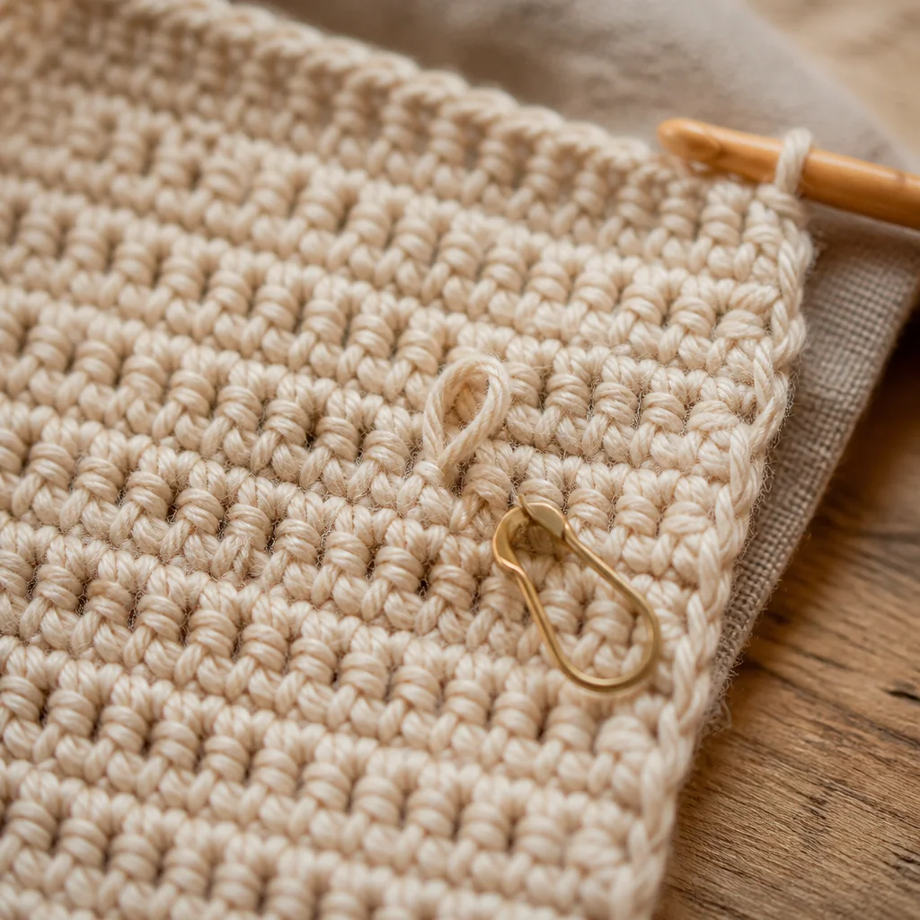 Macro view of a dropped stitch a few rows down in crochet fabric, marked with a locking stitch marker