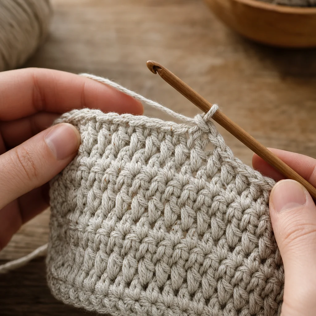 Close-up of crochet hook working through cream yarn showing gaps between double crochet stitches