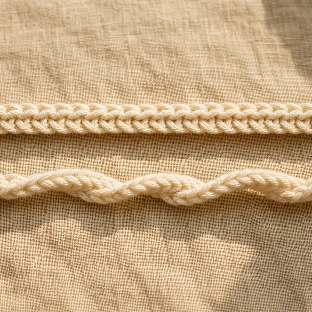 Overhead view of a cream crochet foundation chain laid flat on a linen surface with a wooden hook and pastel stitch markers