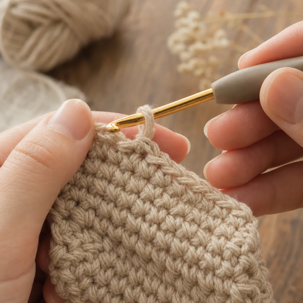 Close-up of hands carefully unraveling lavender crochet stitches above a yellow lifeline thread in a cozy craft workspace