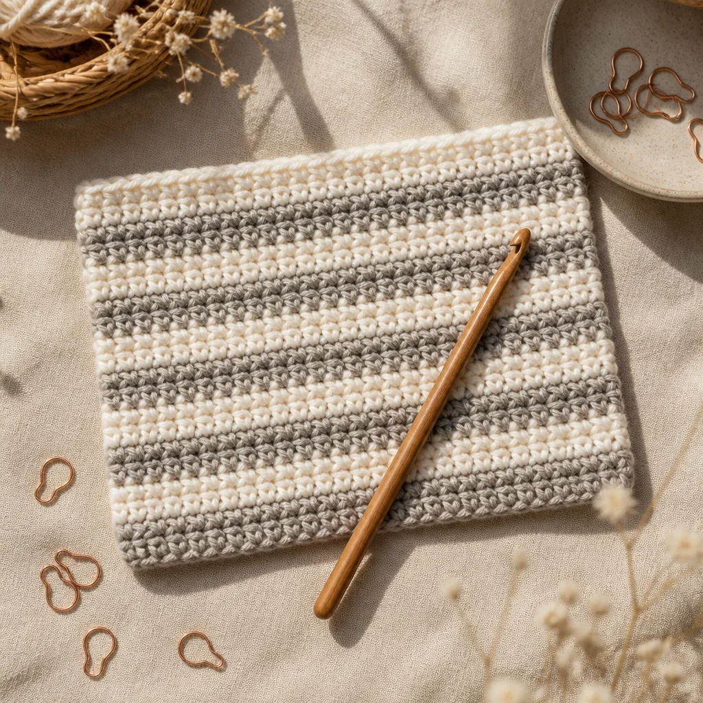 Vue du dessus d'un échantillon de pratique en demi-bride terminé avec de la laine rayée crème et grise, un crochet en bois et des marqueurs de mailles